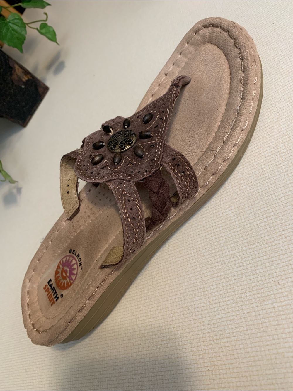 Earth Spirit Taupe Floral Cutout Thong Sandals - Picture 2 of 6
